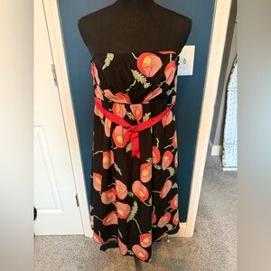 Anna Sui Black Strapless Midi Dress with Coral Floral Print and Red Tie